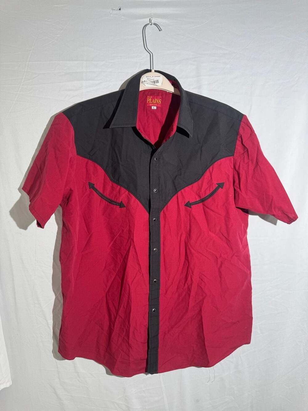  Ely Plains Vintage Western Pearl Snap Shirt Mens Large Red Black Short Sleeve